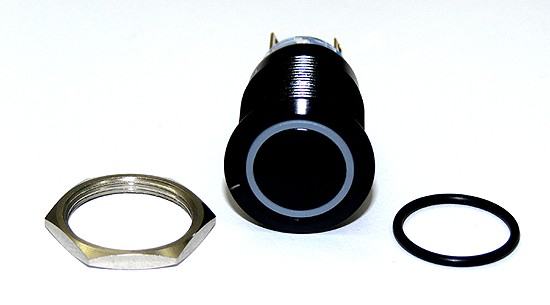 Taster (Wechsler), mit 12V LED-Ring grün, 16mm, 3 A/250V AC, Lötanschlüsse,  IP67